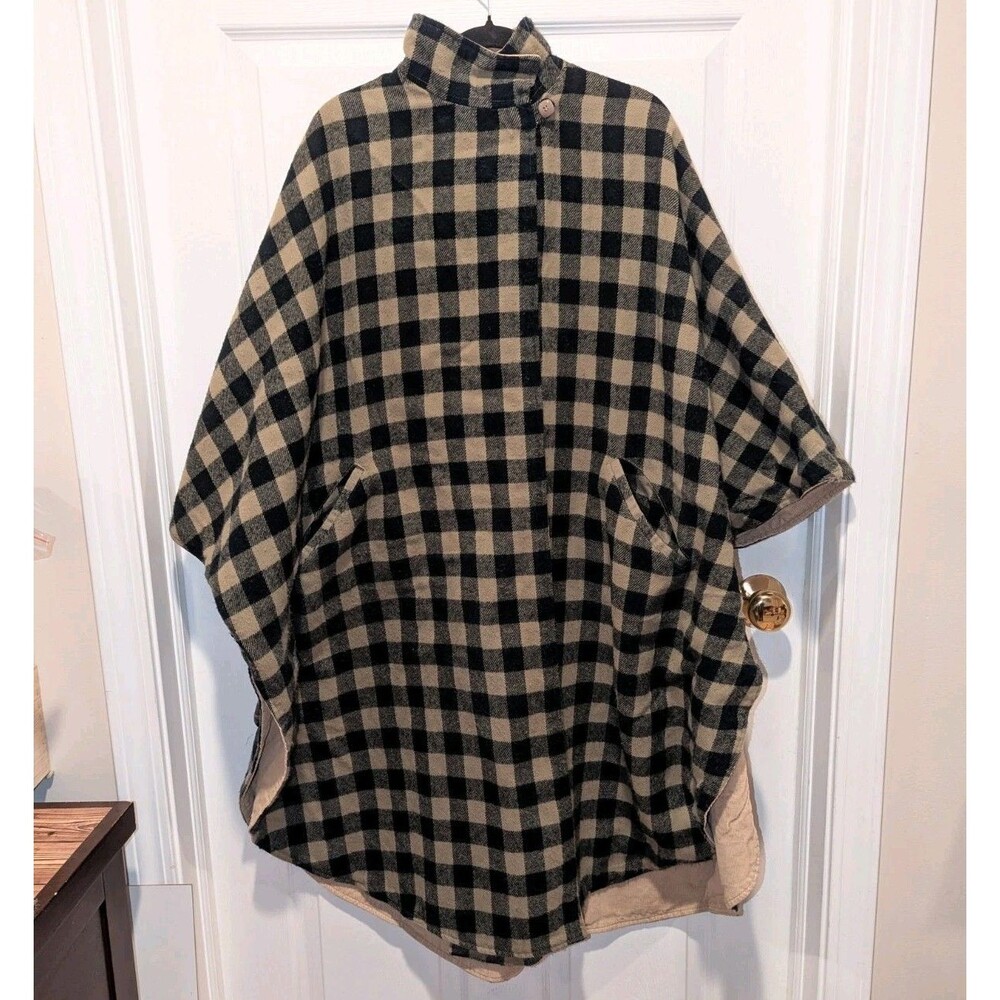 Vintage Cottagecore Plaid Corduroy Reversible Poncho‎ Cape Portrait M Pockets